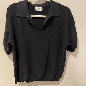 First Love Black Ribbed Knit Polo Top